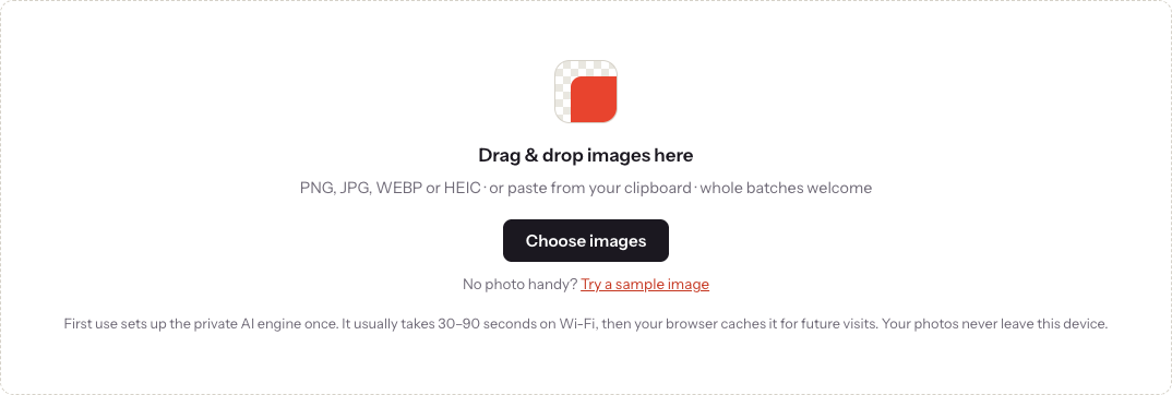 CutawayBG file chooser listing PNG, JPG, WEBP and HEIC as accepted image formats